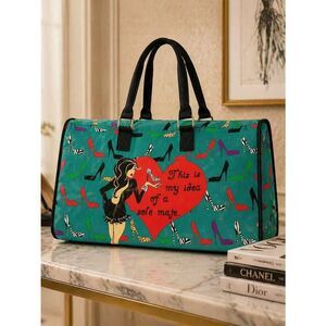 Teal Graphic Travel Tote Bag with Heart and Shoe Print